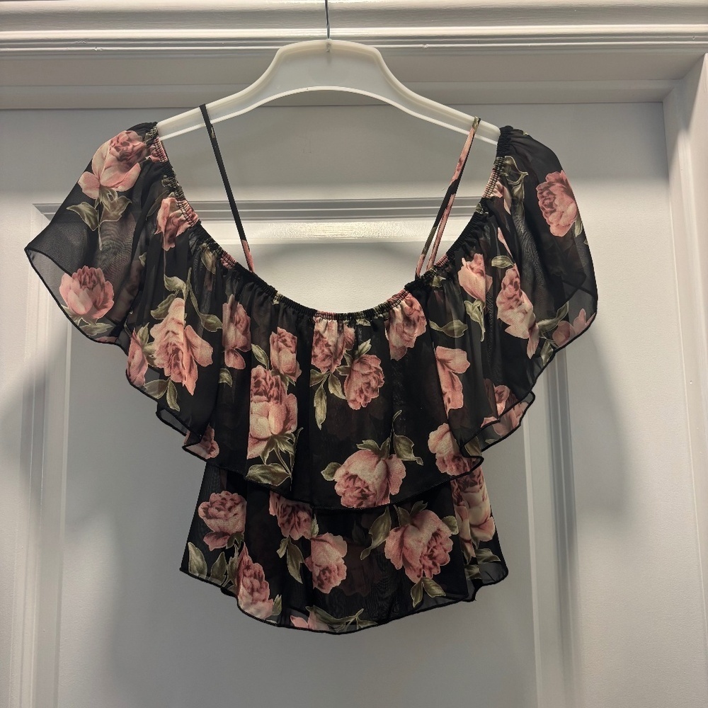 Tobi Off The Shoulder Flounce Floral Chiffon Blouse